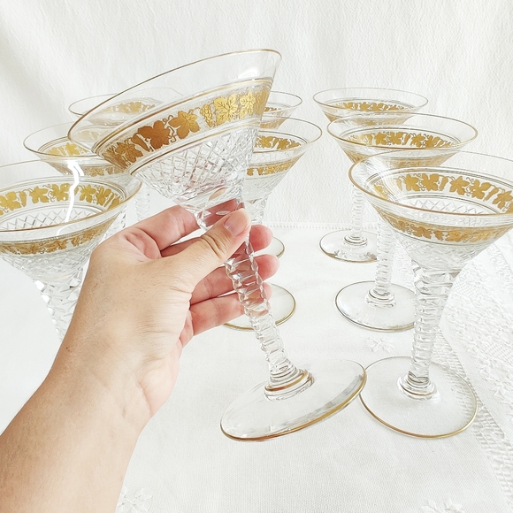 Val St Lambert Cut Crystal Martini Glass Stemware, Set of 9, Gold Gilt Grapevine - Picture 3 of 14